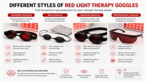 Comparison of different styles of red light therapy goggles for various therapy and wellness applications