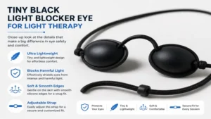 Close-up view of tiny black light blocker eye for light therapy showing lightweight and protective design