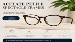 Premium acetate petite spectacle frames available in fashionable colors and patterns.