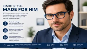 Modern blue eyeglass frames paired with a smart office outfit for men