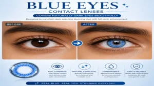 Blue eyes contact lenses covering naturally dark eyes with full color enhancement