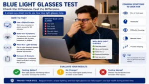 blue light glasses test showing a user evaluating eye strain and screen comfort during extended computer use