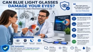Eye care professional discussing whether can blue light glasses damage your eyes during an eye examination