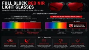 full block red nir light glasses featuring wraparound full-coverage protection from multiple light angles