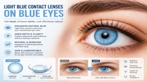Bright blue contacts on blue eyes creating vivid color depth and a striking appearance