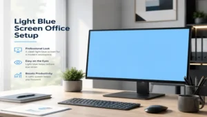 Professional office workstation with a light blue screen on a widescreen monitor