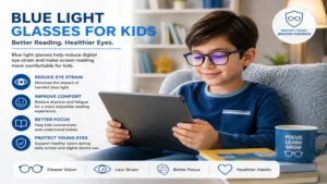 Young reader wearing blue light glasses for kids while using a digital reading device
