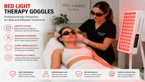Professional use of red light therapy goggles in a wellness clinic during a red light treatment session