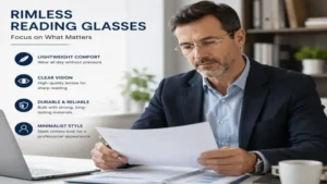Professional using rimless reading glasses while reviewing documents in an office environment
