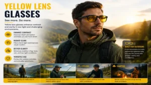 Yellow lens glasses used during outdoor activities to enhance clarity in low-light environments