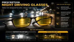 Yellow-tinted prescription night driving glasses demonstrating reduced glare and clearer nighttime road views