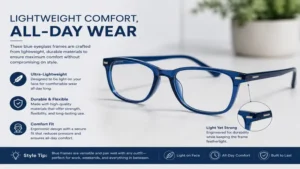 Lightweight blue eyeglass frames made from durable materials for all-day comfort