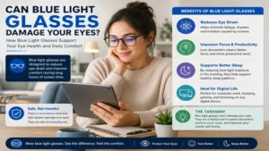 Woman wearing blue light glasses while using a tablet and exploring can blue light glasses damage your eyes