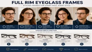 Fashionable full rim eyeglass frames designed to complement different face shapes and personal styles