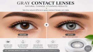Before and after comparison demonstrating how gray contact lenses naturally transform eye color