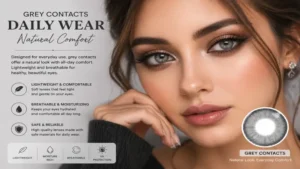 grey contacts paired with elegant makeup for a striking and sophisticated look