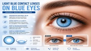 Icy blue contacts on blue eyes creating a cool dramatic and elegant eye style