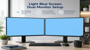 Dual-monitor workstation featuring a light blue screen across modern computer displays