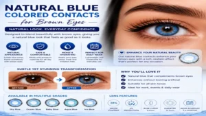 Blue colored contacts for brown eyes with natural-looking blue lenses designed for comfortable everyday wear and realistic results.