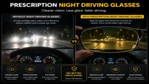 Side-by-side road visibility comparison with and without prescription night driving glasses during night driving