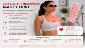 red light therapy eye protection demonstrated by a user following recommended safety practices
