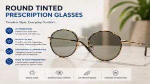 Round tinted prescription glasses with lightweight comfort and timeless everyday style