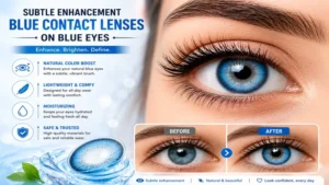 Subtle enhancement with blue contact lenses on blue eyes for a naturally refreshed and confident appearance