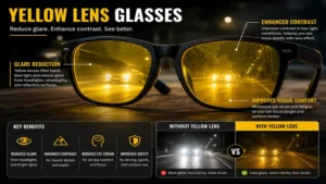 Close-up of yellow lens glasses demonstrating glare reduction and improved visual perception