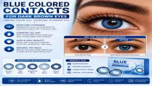 Blue colored contacts for brown eyes demonstrating full coverage and vivid blue color that blends beautifully with dark brown eyes.