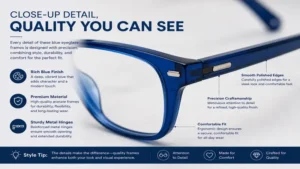 Close-up view of blue eyeglass frames highlighting color, texture, and craftsmanship