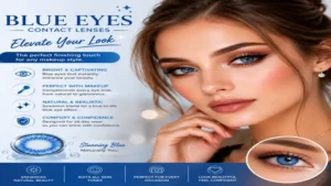 Beauty look featuring blue eyes contact lenses paired with elegant makeup styling