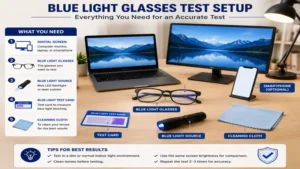blue light glasses test setup with laptop, monitor, smartphone, glasses, and testing accessories