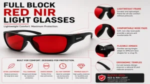 Lightweight full block red nir light glasses with ergonomic frame design for comfortable extended wear