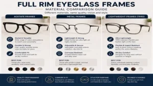 Comparison of full rim eyeglass frames made from acetate, metal, and lightweight TR90 materials