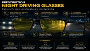 Feature infographic highlighting anti-reflective coating and benefits of prescription night driving glasses