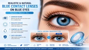 Realistic blue contact lenses on blue eyes blending seamlessly with the natural iris pattern