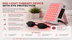 red light therapy eye protection featuring a therapy device paired with protective goggles for safe treatment