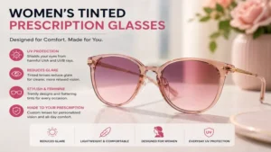 Women’s tinted prescription glasses with fashionable design, UV protection, and glare reduction