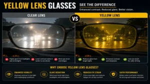 Yellow lens glasses compared with clear lenses to show differences in contrast enhancement