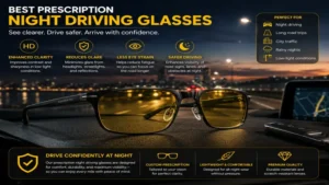 Premium prescription night driving glasses displayed on a car dashboard before an evening drive