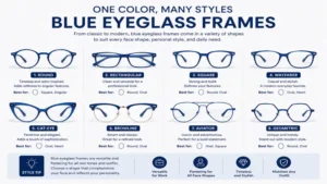 Collection of blue eyeglass frames in various shapes and styles for different face types