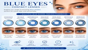 Collection of blue eyes contact lenses showcasing different shades of blue for various preferences