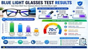 blue light glasses test infographic displaying blue light blocking percentages and test results