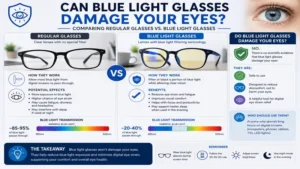 Regular glasses and blue light glasses comparison showing evidence about can blue light glasses damage your eyes