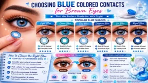 Blue colored contacts for brown eyes guide explaining how to choose the right blue shade for different styles, occasions, and natural-looking results.