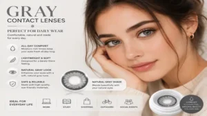 Comfortable daily wear look featuring gray contact lenses with a soft and natural eye enhancement