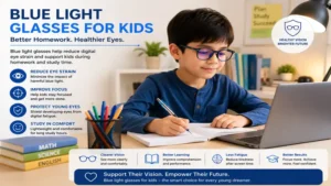 Child completing homework on a laptop while wearing blue light glasses for kids for screen comfort