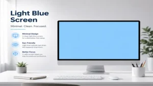 Minimalist display featuring a light blue screen in a clean and distraction-free workspace