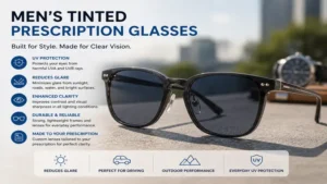 Men’s tinted prescription glasses offering comfortable vision, glare control, and modern style