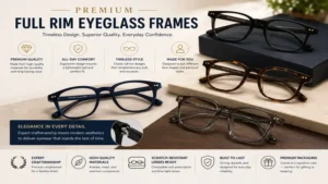 Premium full rim eyeglass frames showcasing superior craftsmanship, comfort, and elegant styling